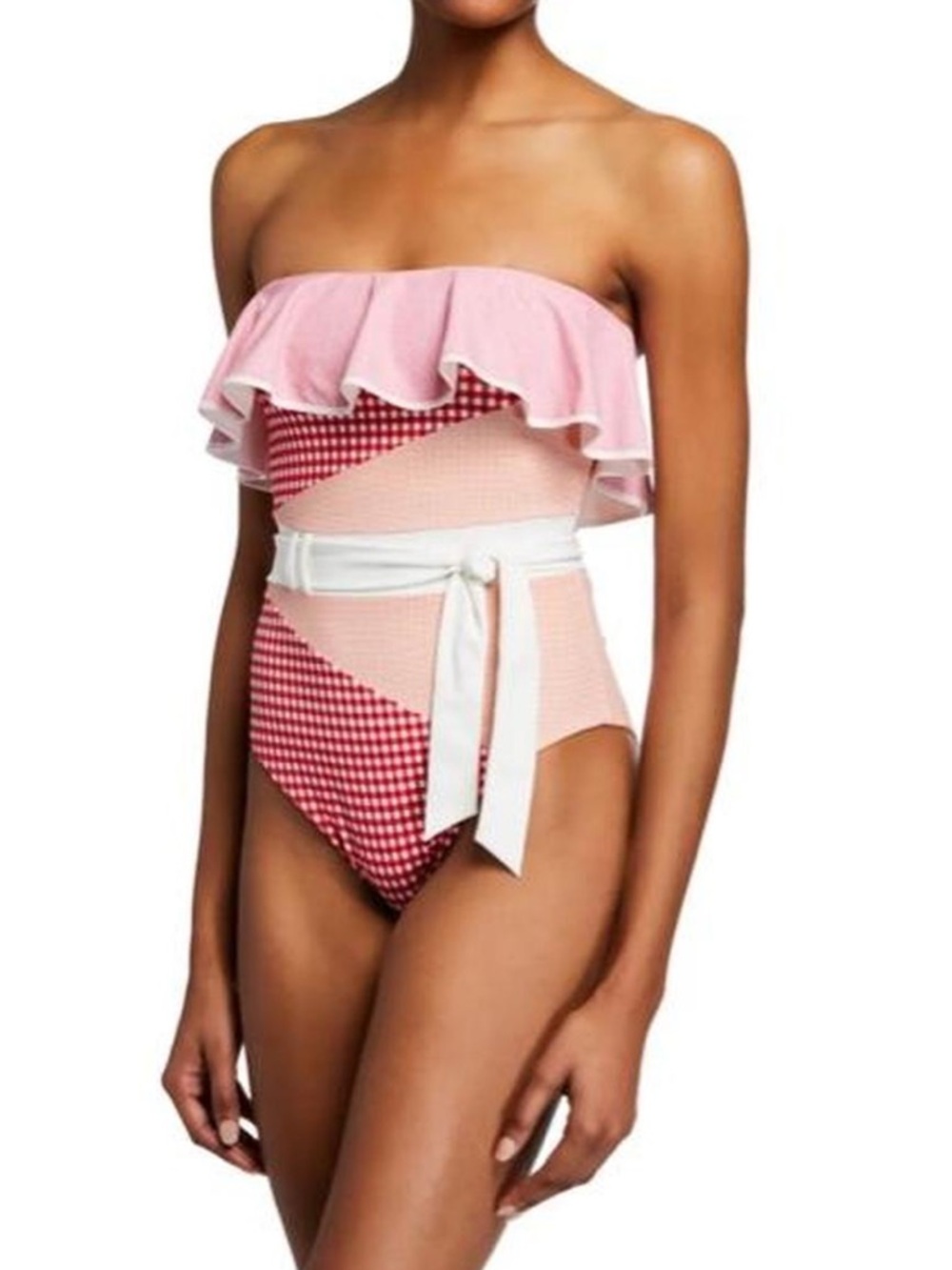 Marysia Swim Pink & White Gingham Ruffle Bandeau One-Piece - Picture 3 of 12